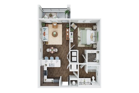 A top down view of a small apartment with a kitchen, living room, and bathroom.